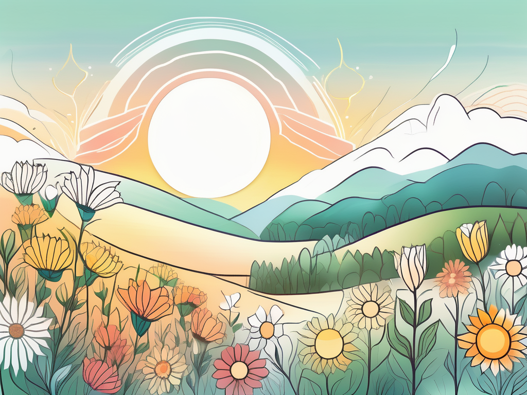 A radiant sun rising over a peaceful landscape with diverse flowers
