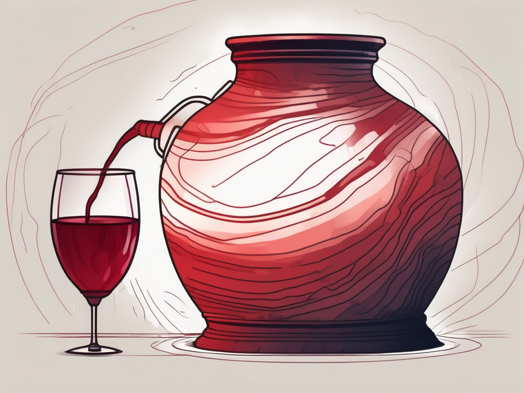 An ancient stone water jar filled to the brim with a liquid that is transitioning from clear to a deep red