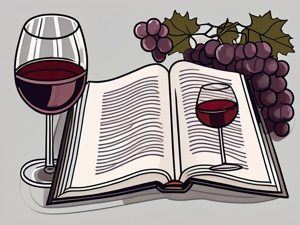 An open bible with a glass of wine and a bunch of grapes next to it