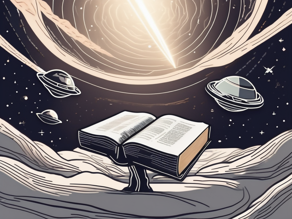 A bible floating in space with a beam of light highlighting a verse