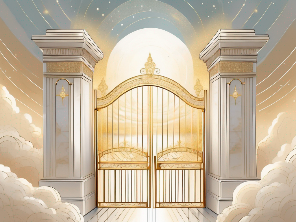 A serene celestial landscape with pearly gates
