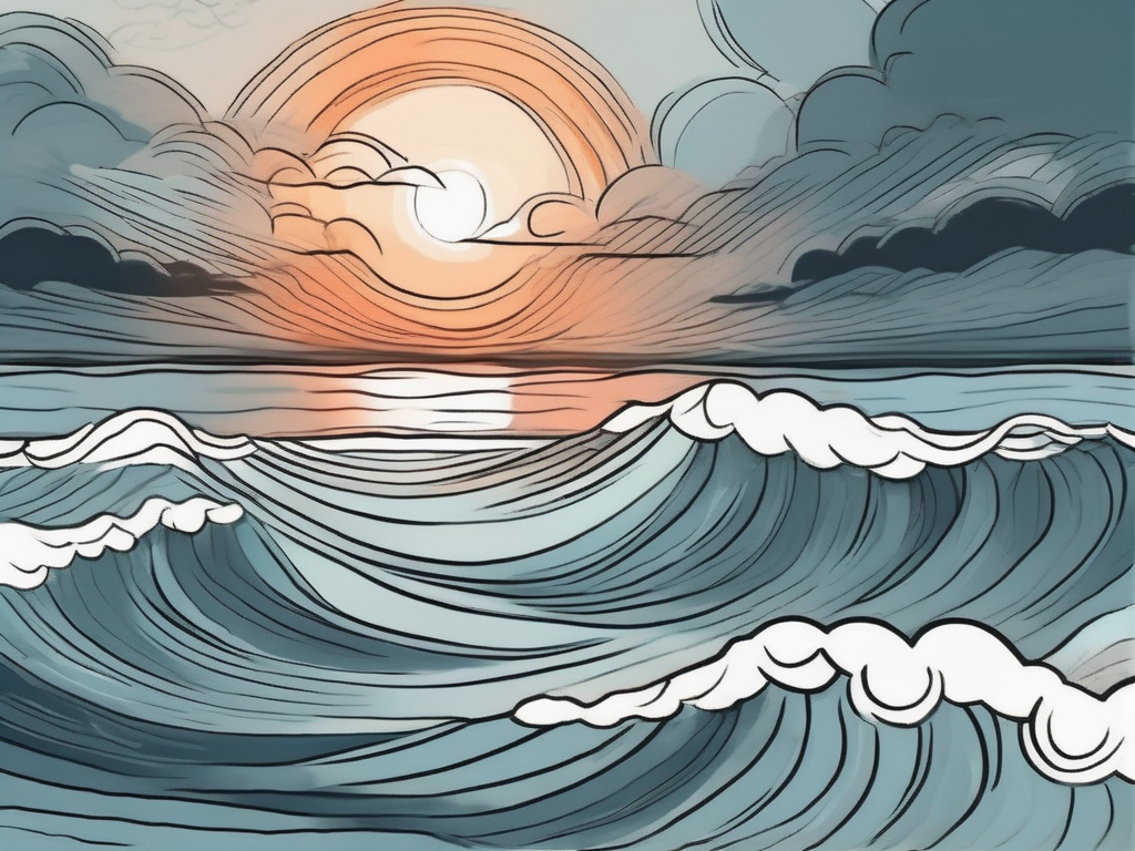 A stormy sea calming into a serene sunset