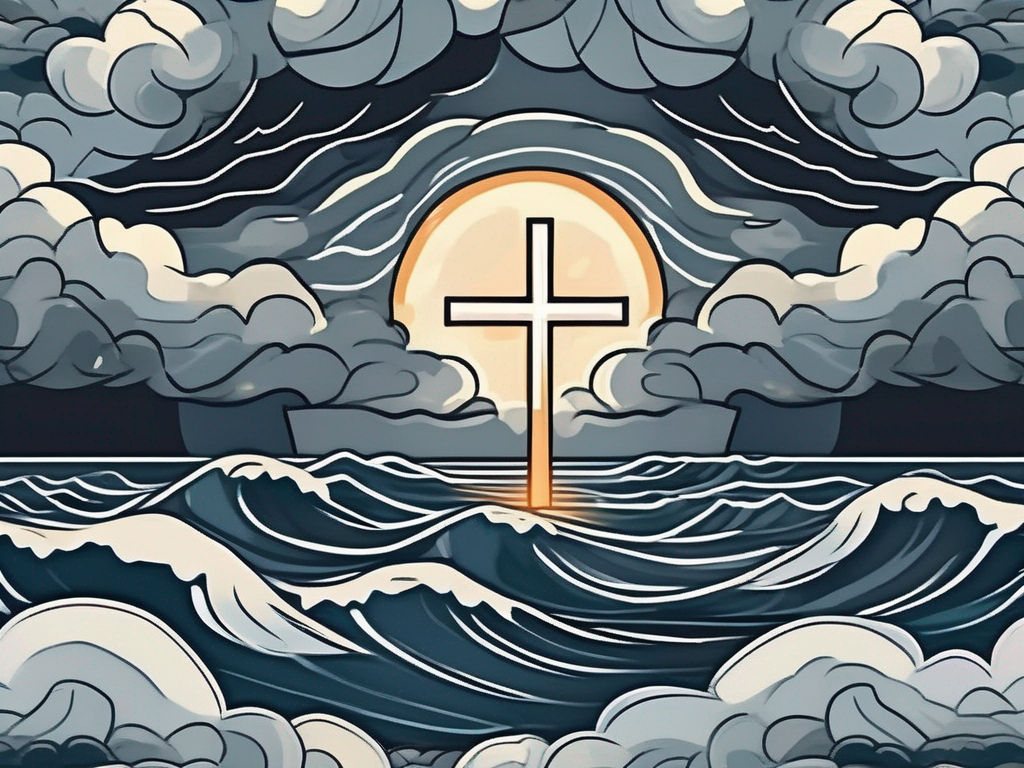A stormy sea with a glowing cross shining through the dark clouds