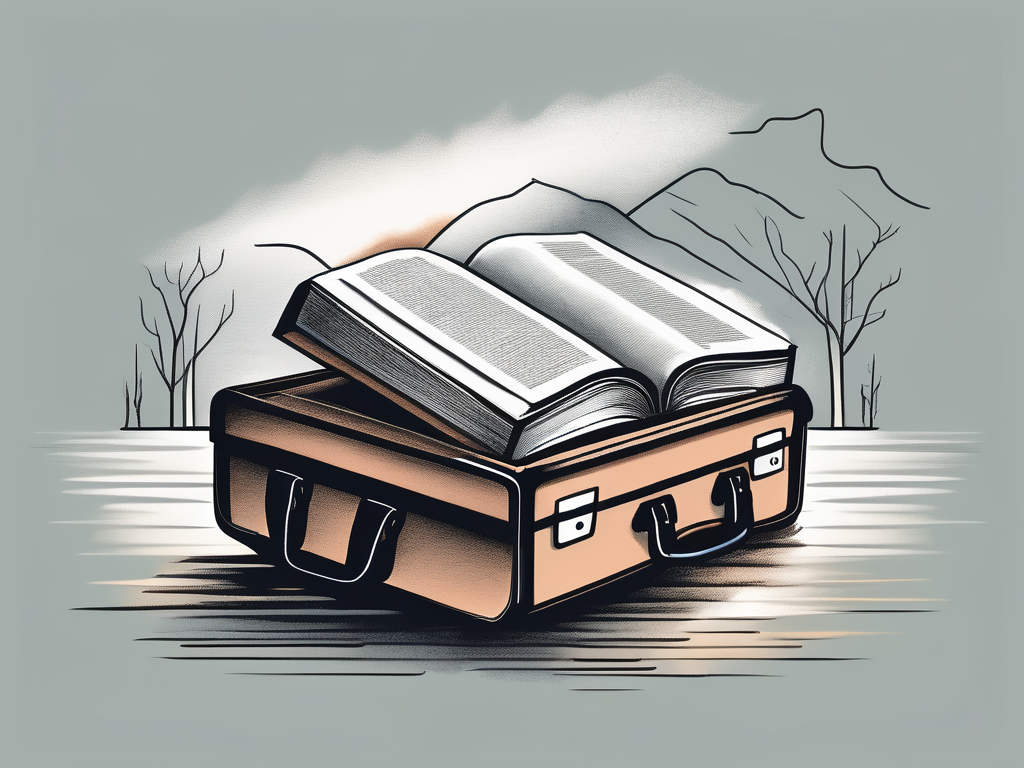 An open bible with a plow and a briefcase on either side
