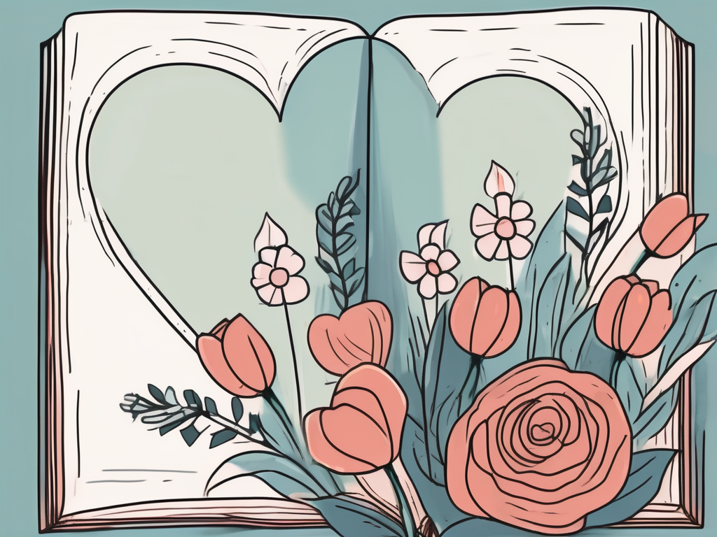 An open bible next to a bouquet of flowers and a symbolic heart