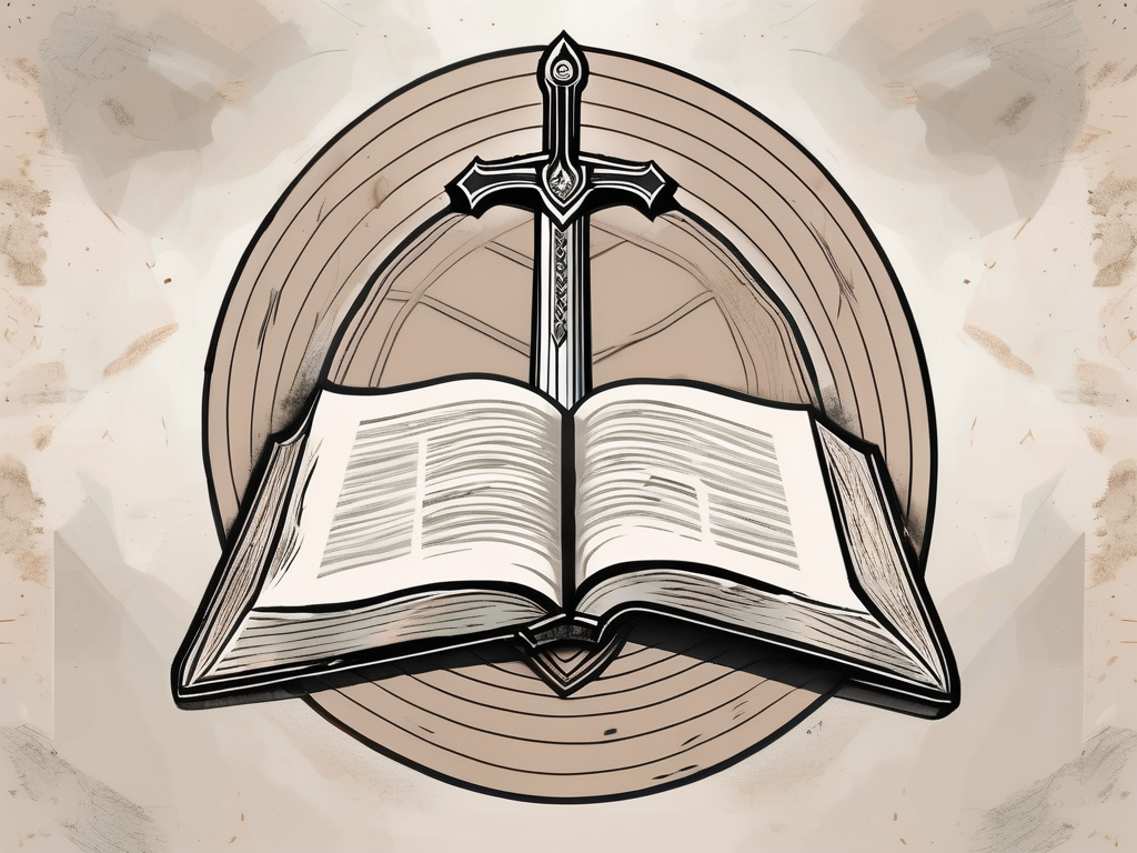 A shield and a sword resting against an open bible