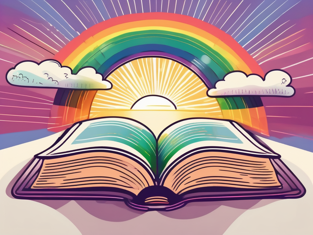 A vibrant rainbow arching over an open bible