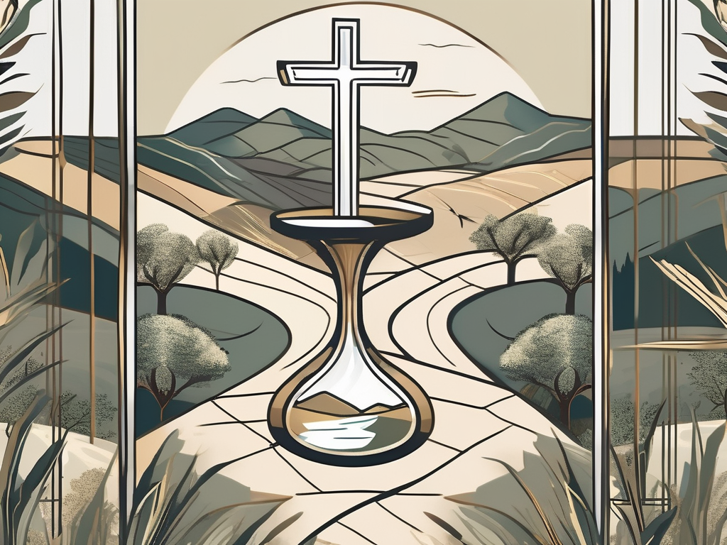 An hourglass set against a backdrop of biblical landscapes