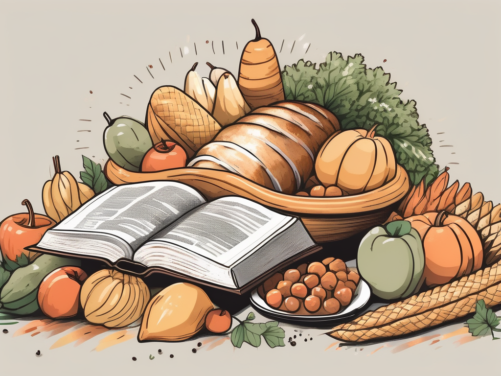 An overflowing cornucopia filled with various types of food and a bible placed next to it