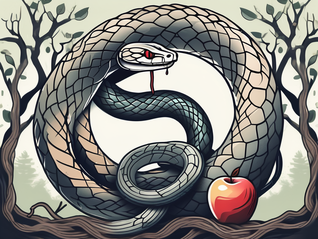 A snake coiled around an apple tree