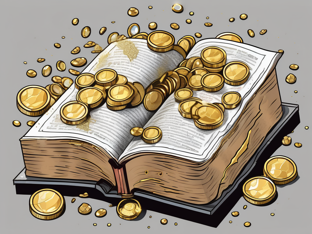 A pile of gold coins and precious jewels overflowing from a cracked open bible