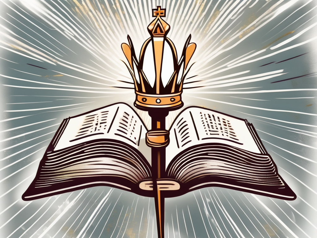 An open bible with a symbolic staff and a crown