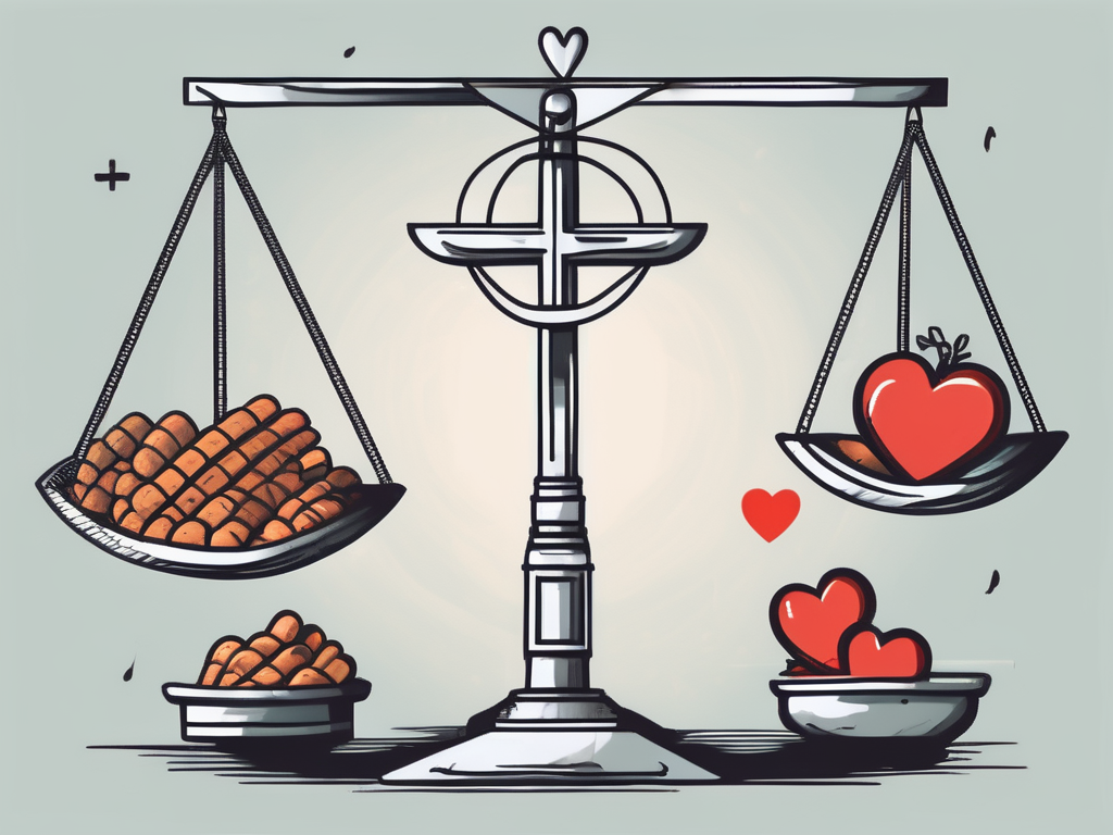 A scale unbalanced with a cross on the heavier side and various symbols of aid (like a heart