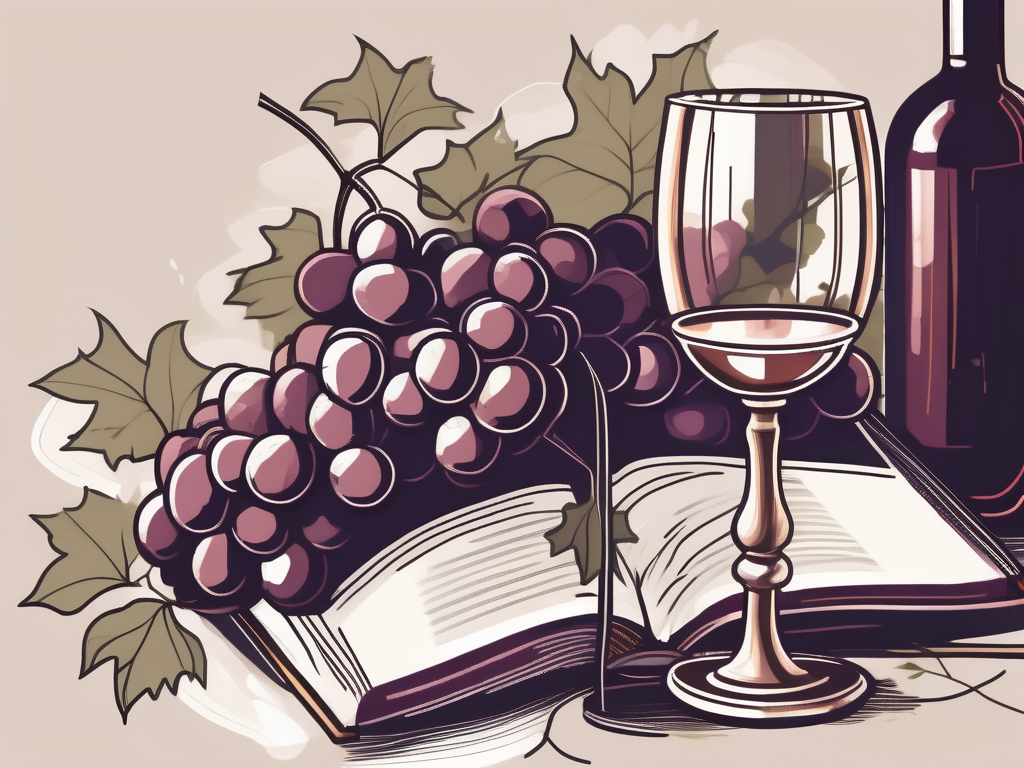An open bible with a vine of grapes and a wine goblet next to it
