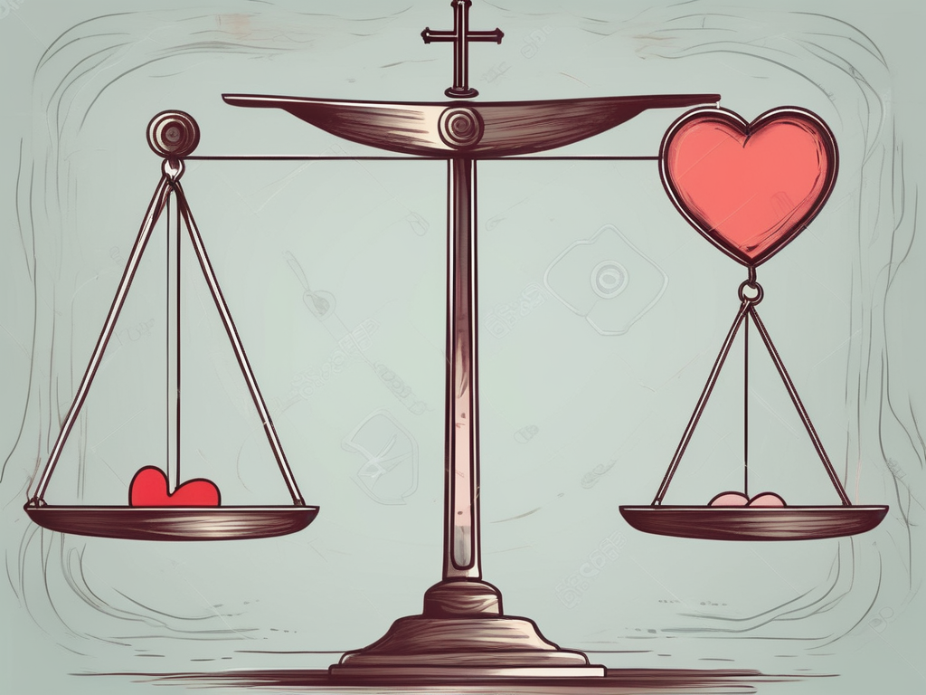 A balance scale with a heart on one side representing emotions and a cross on the other side representing faith