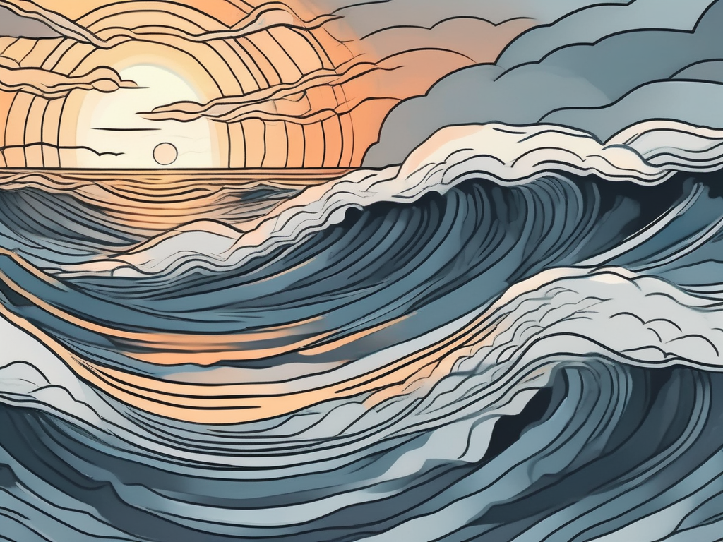 A stormy sea calming down into a peaceful sunset