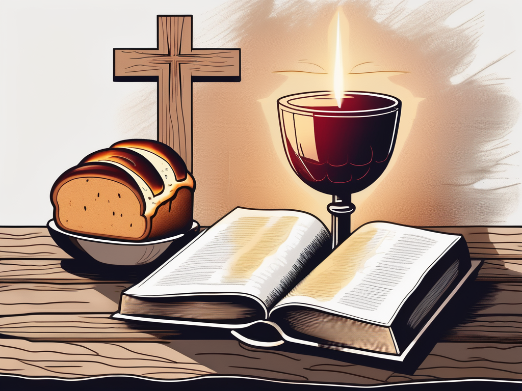 A chalice filled with wine and a loaf of bread