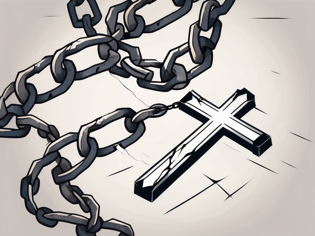 A broken chain with a cross in the background