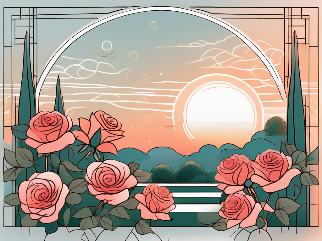 A serene garden scene with nine blooming roses