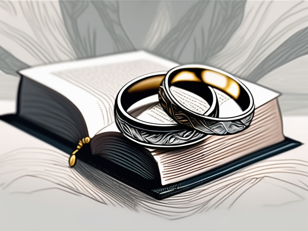 Two wedding rings intertwined with a bible in the background