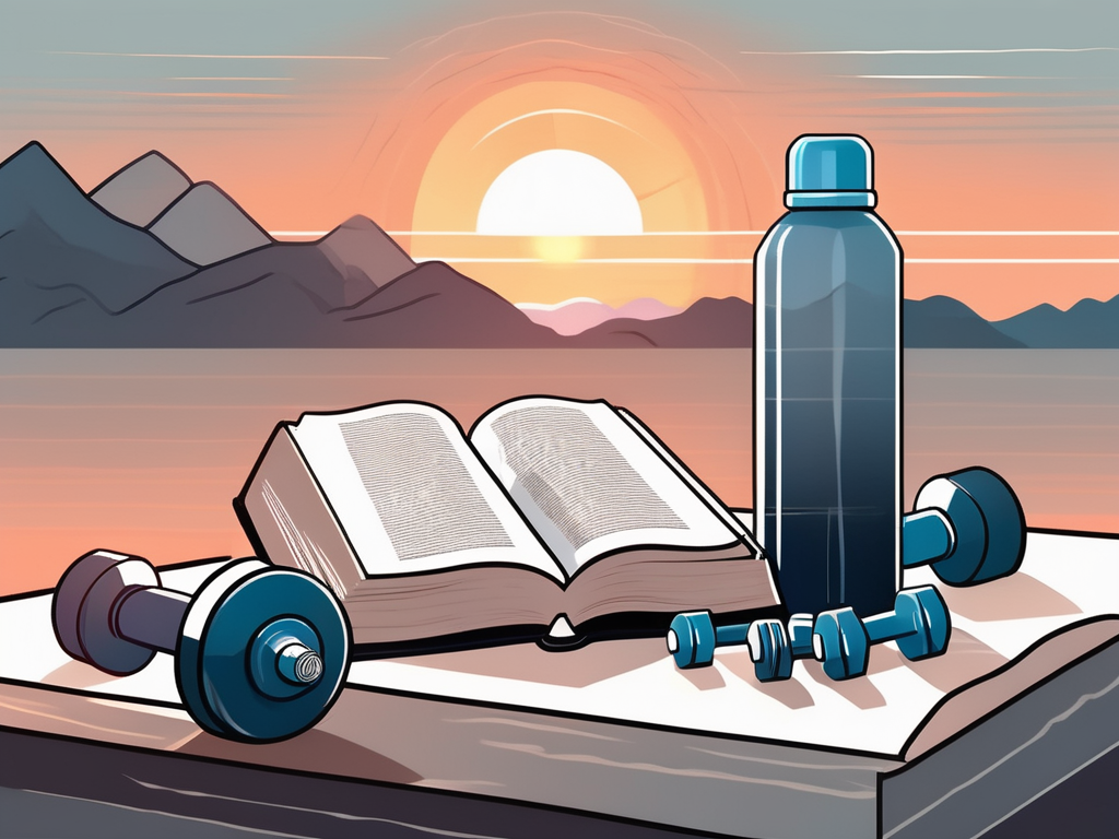 A bible next to a set of dumbbells and a water bottle