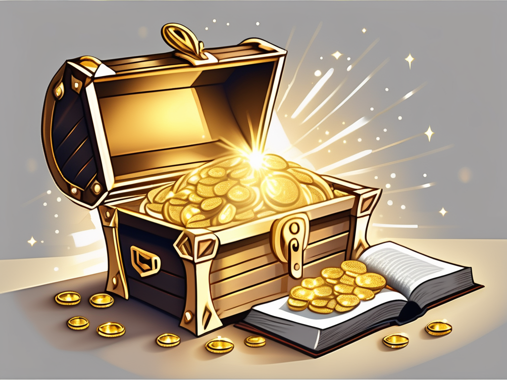 A golden treasure chest overflowing with jewels and coins