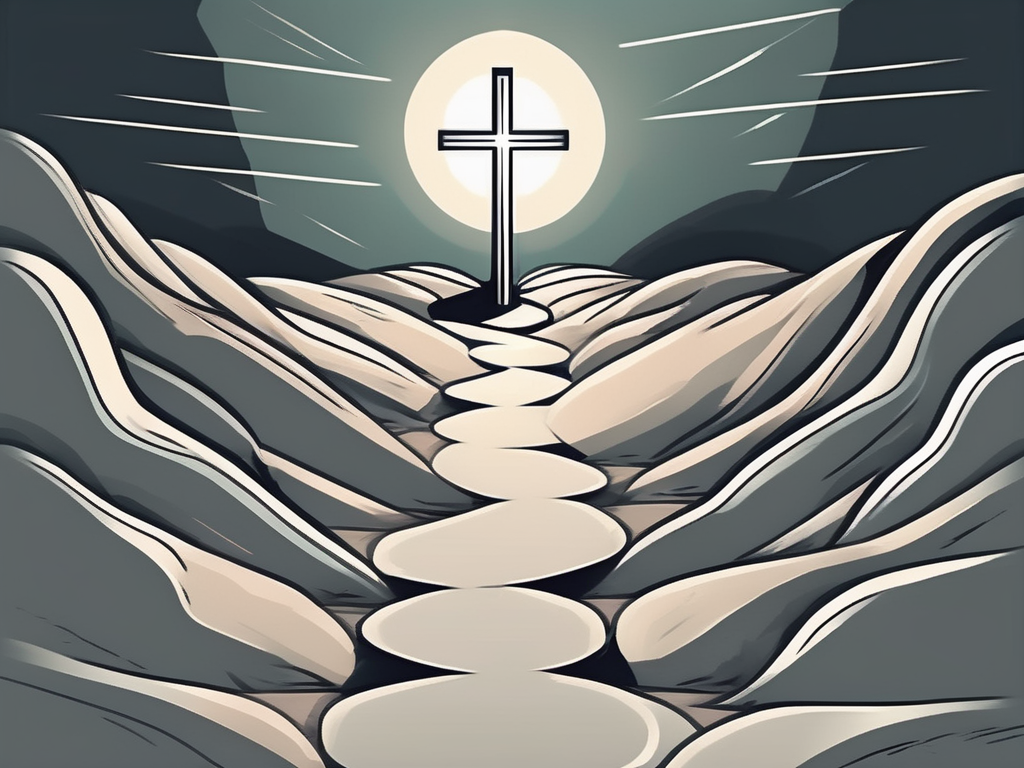 A dimly lit path with a bright cross at the end
