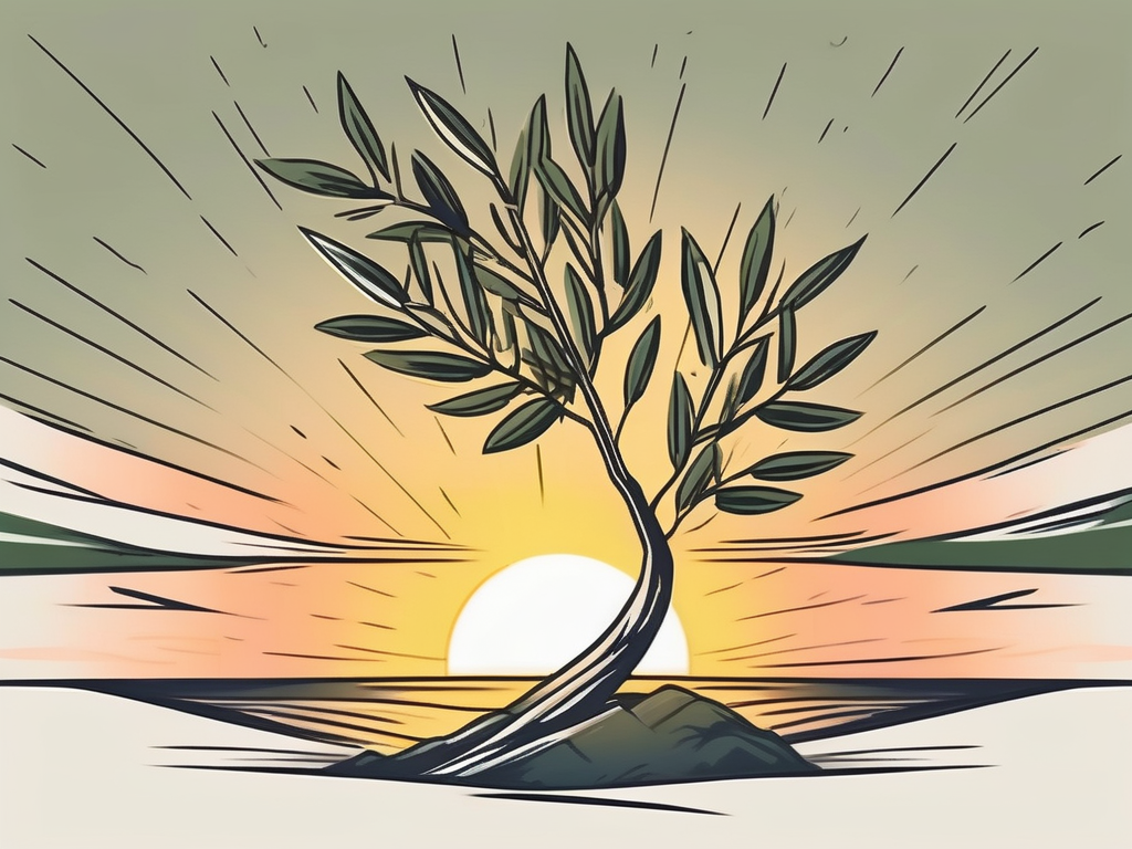 A broken sword crossed with an olive branch against the backdrop of a sunrise