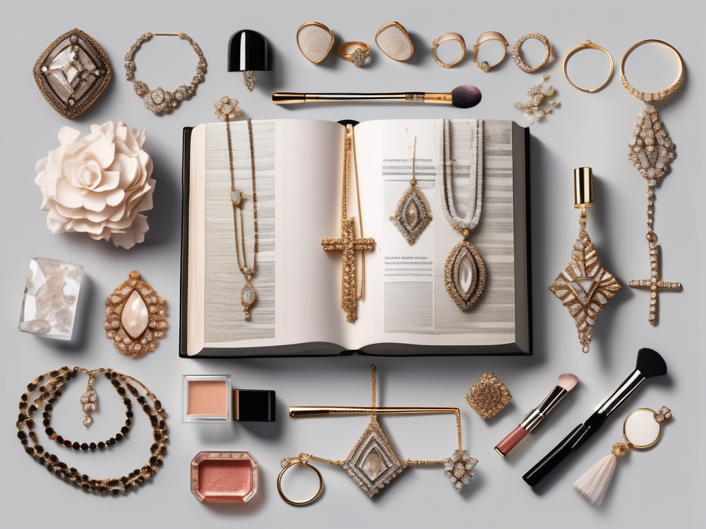 Various pieces of jewelry and makeup items arranged in a way that they form the shape of a bible