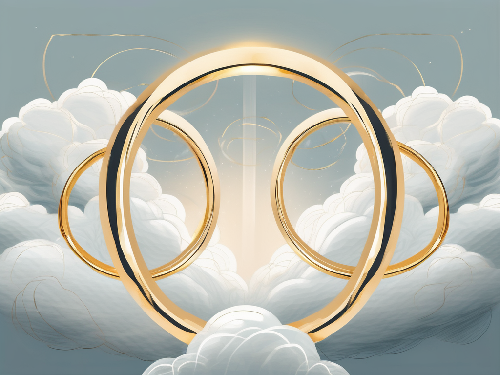Heavenly gates with two intertwined golden rings floating in the clouds
