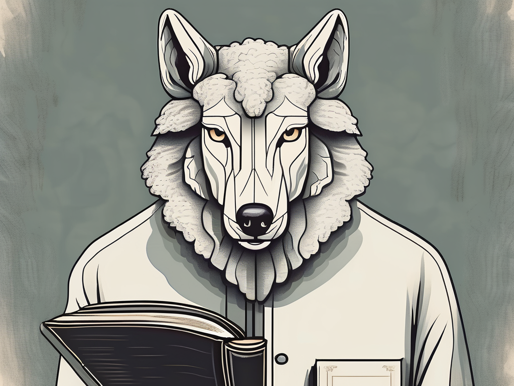 A wolf in sheep's clothing standing near an open bible