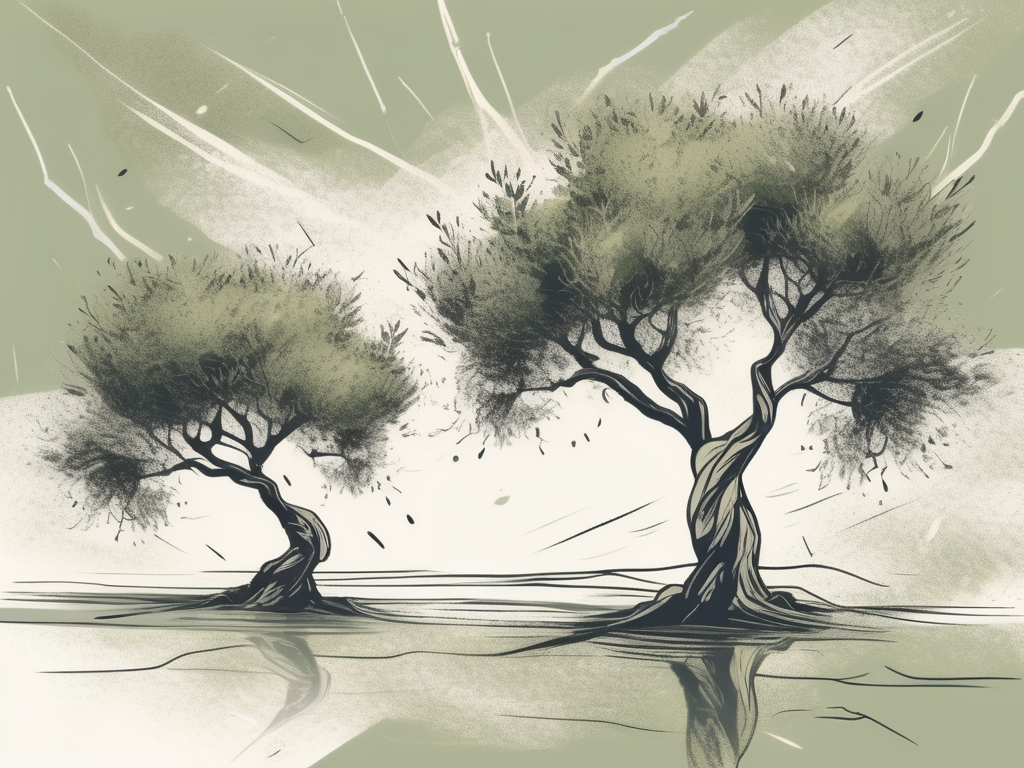 Two olive trees standing strong in a storm