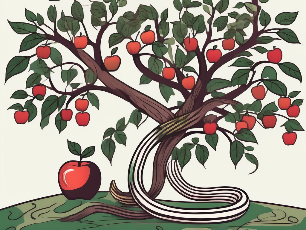 A snake coiled around an apple tree in the garden of eden