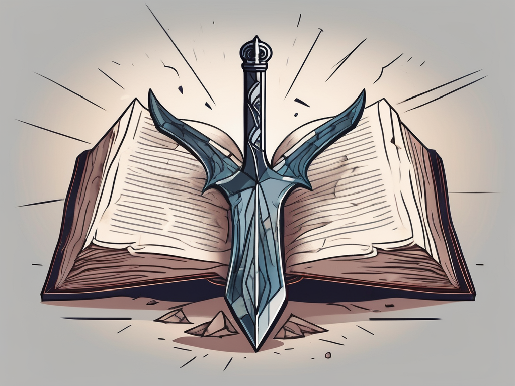 A broken sword lying on an open bible
