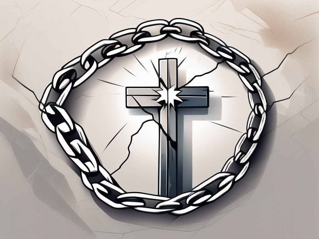 A broken chain with a radiant cross in the background