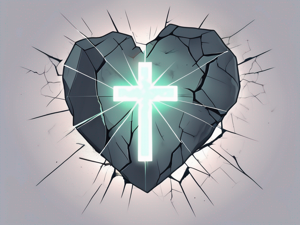 A shattered heart-shaped stone with a glowing cross in the background