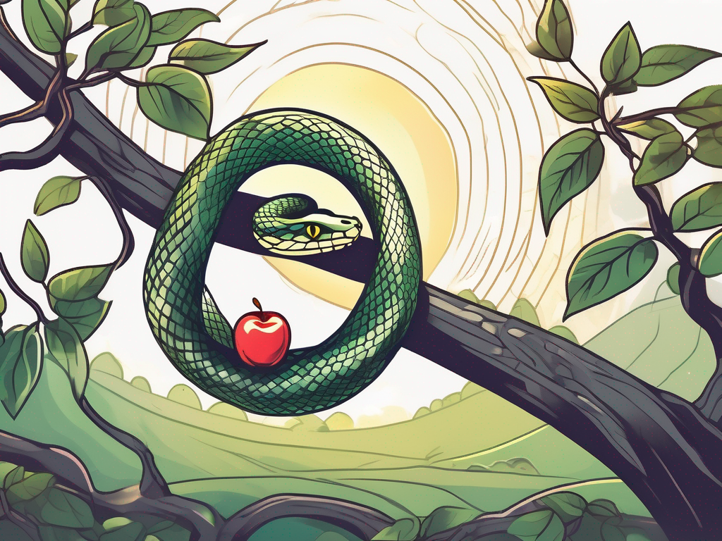 A snake wrapped around an apple tree