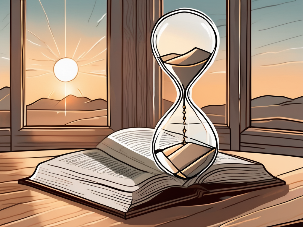 An hourglass set against a backdrop of a sunrise