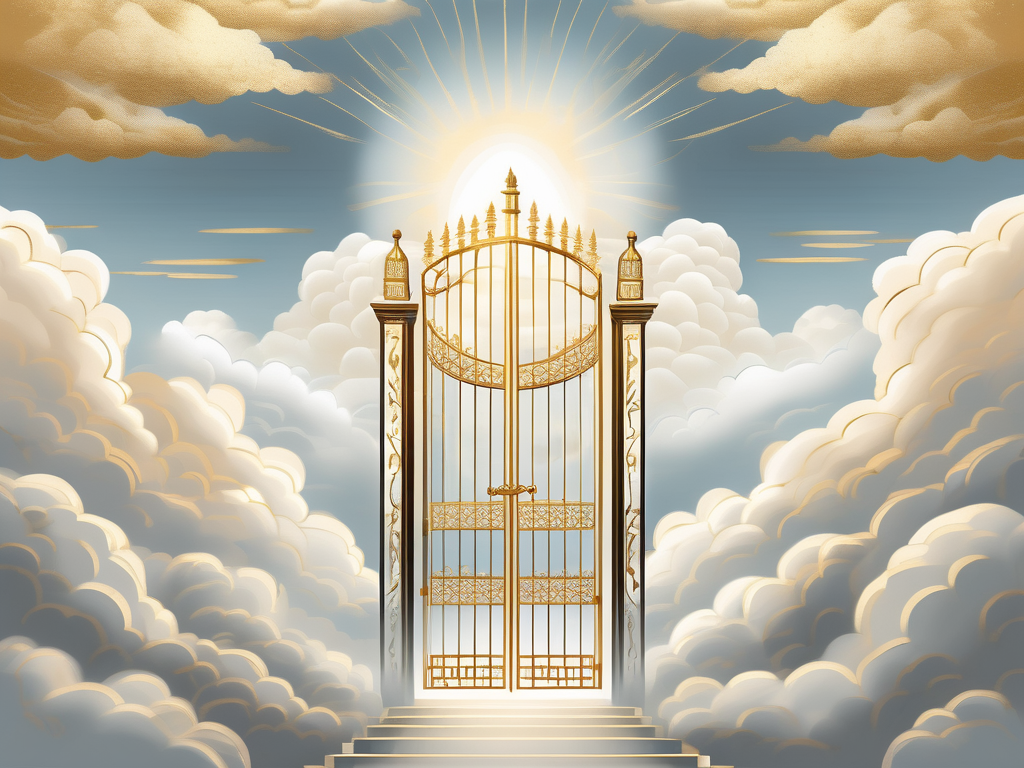 A heavenly landscape with pearly gates