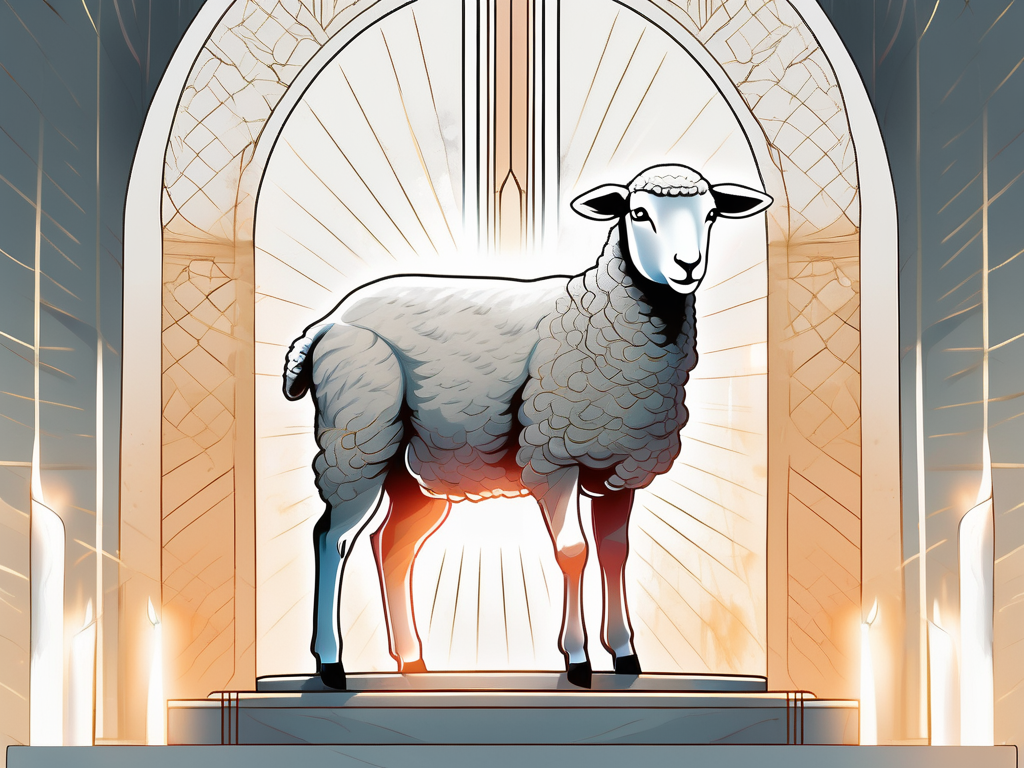 A lamb on an altar with a radiant light from above shining upon it
