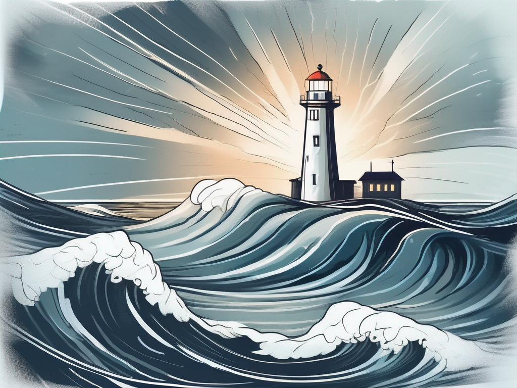 A stormy sea with a lighthouse shining brightly
