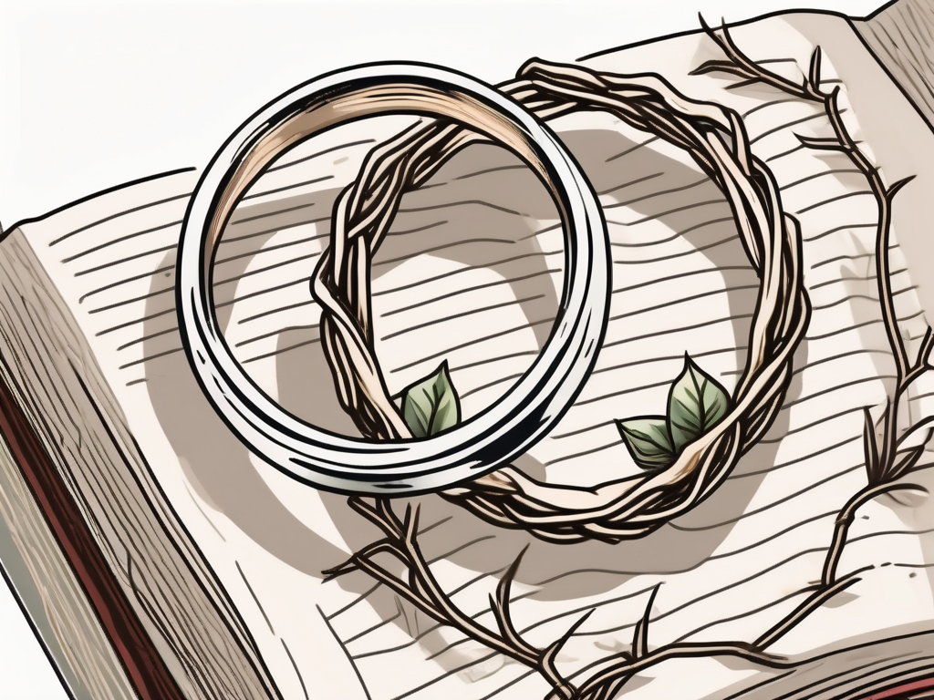 Two wedding rings entwined with thorny vines