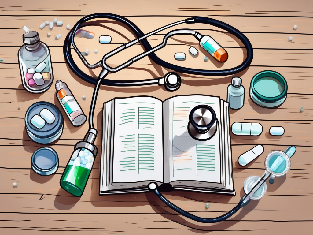 An open bible with a stethoscope and various types of medicine like pills