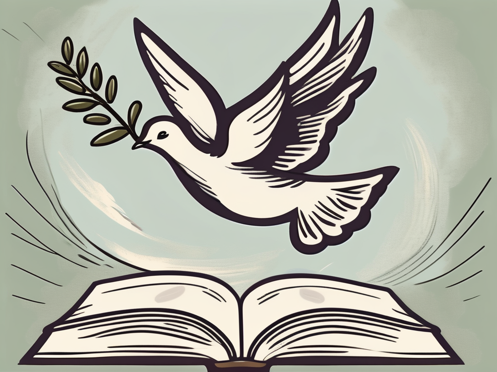 A dove carrying an olive branch flying over an open bible