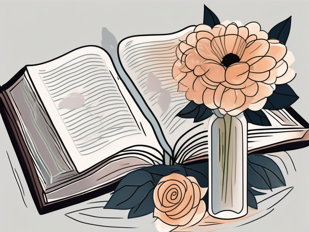 An open bible next to a lit candle and a bouquet of flowers
