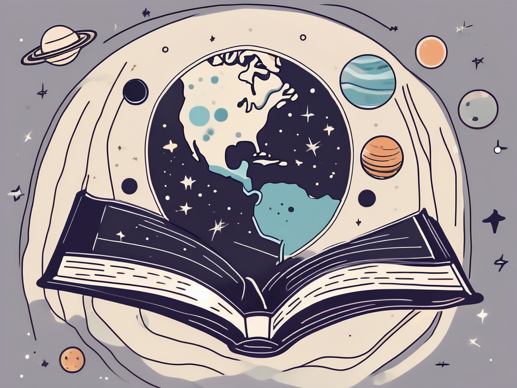 A bible floating in space with various planets in the background
