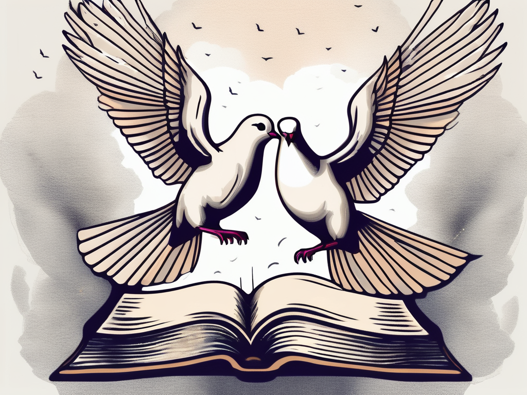 A pair of doves flying out of an open bible