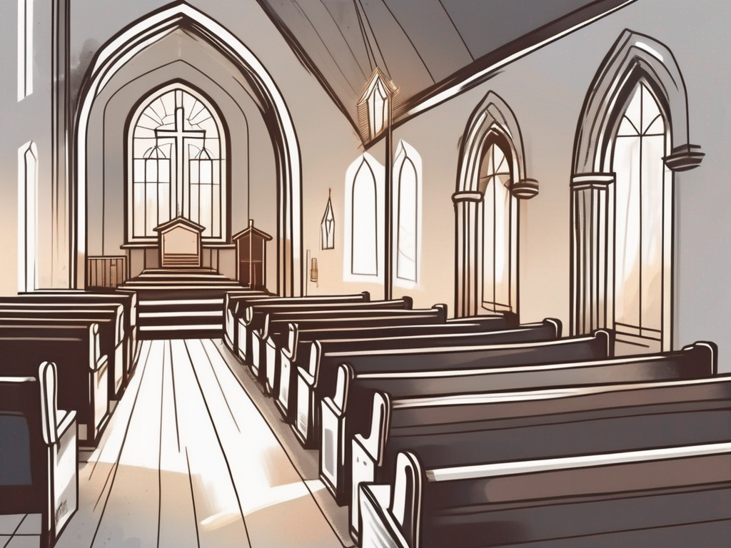 An empty church with open doors and a light shining from a bible on a pulpit