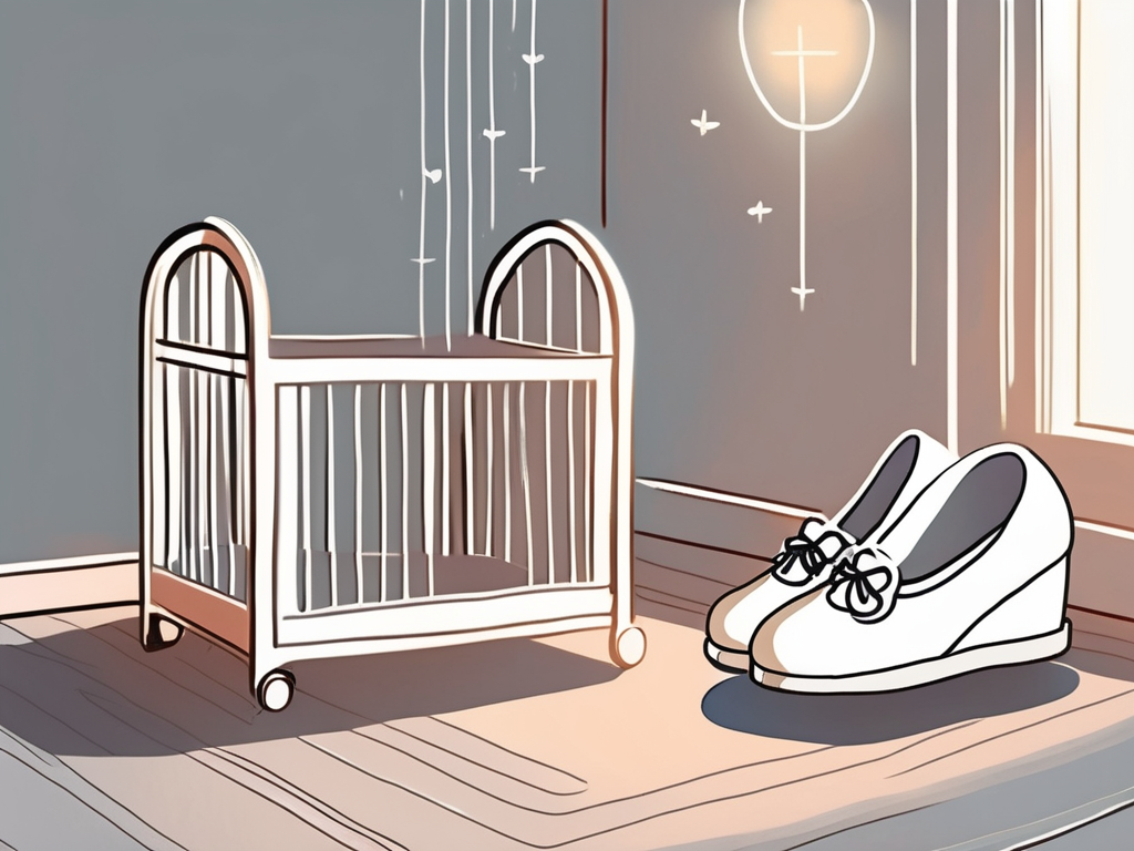 A pair of empty shoes next to a baby's cradle