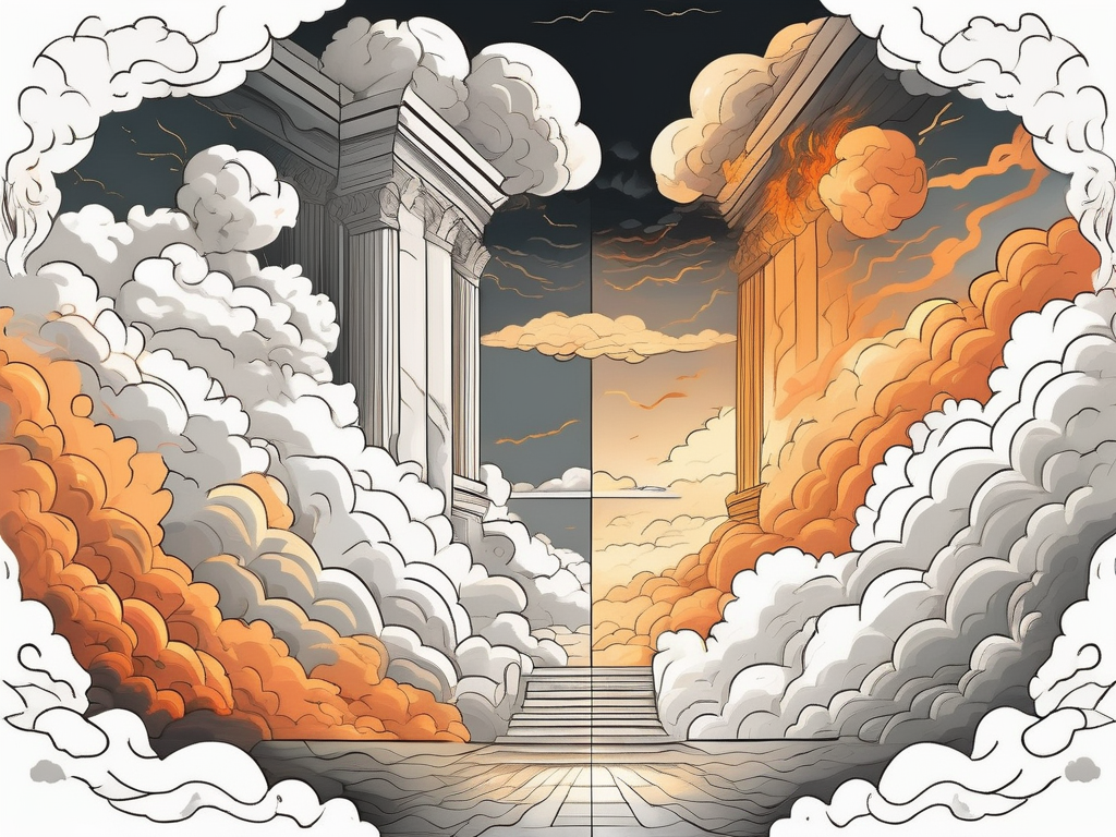 A split scene depicting the contrasting imagery of heaven and hell as described in the bible
